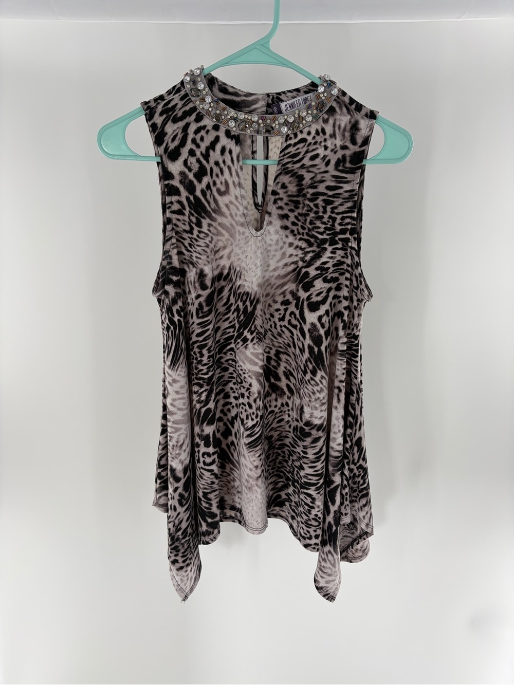 Jennifer Lopez Jeweled Mock Neck Leopard-Print Tank - Black/White